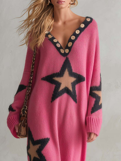 Lazy Western Pink Star Oversized V-Neck Button Trim Long Sleeve Knit Midi Sweater Dress