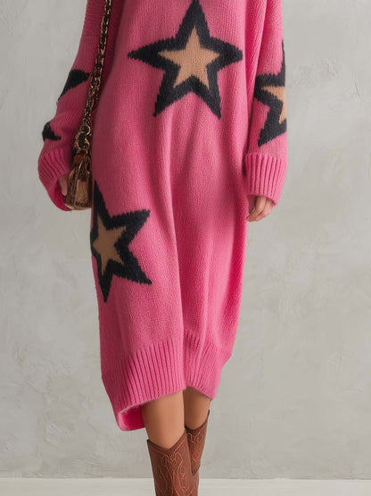 Lazy Western Pink Star Oversized V-Neck Button Trim Long Sleeve Knit Midi Sweater Dress