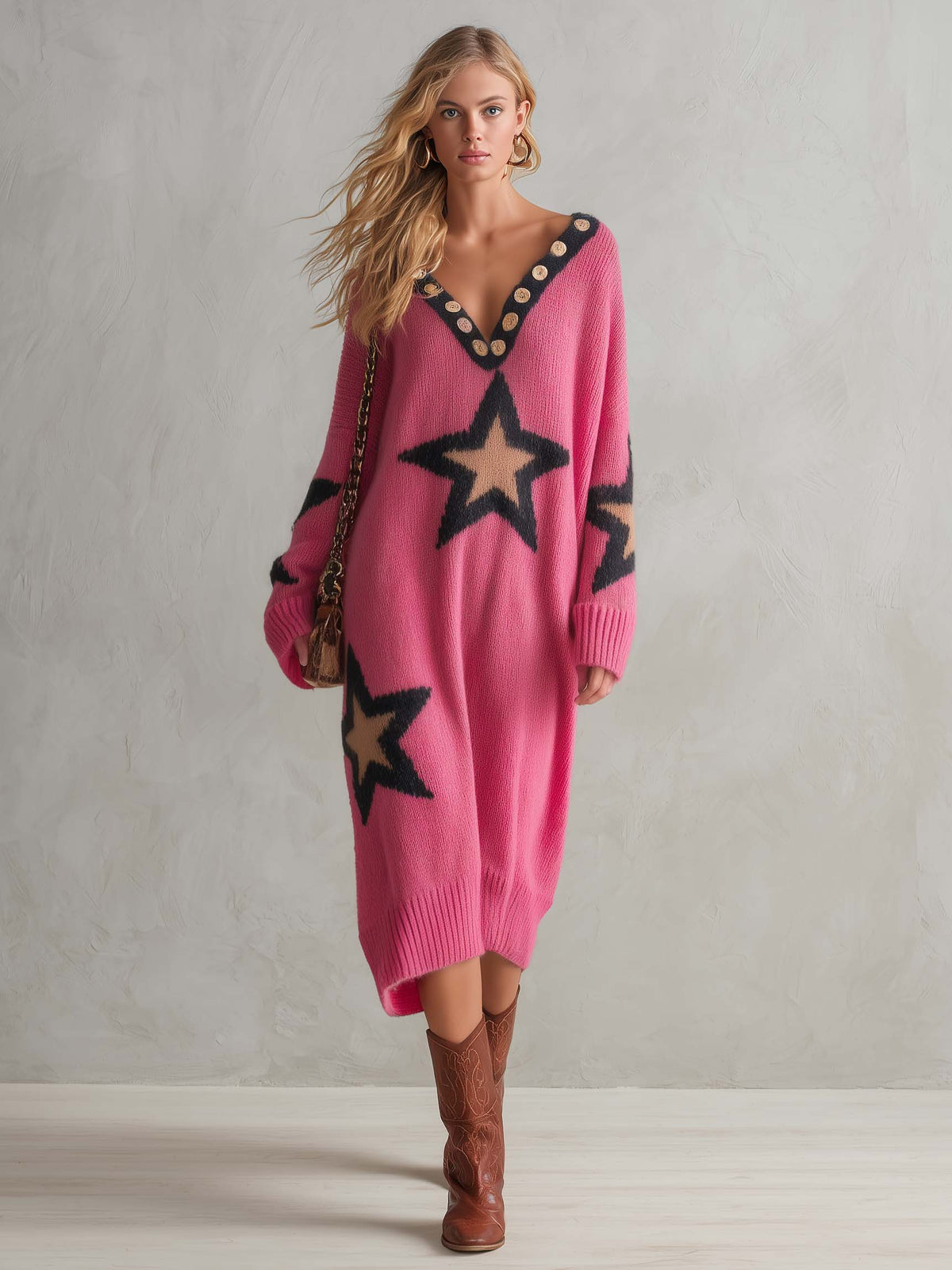 Lazy Western Pink Star Oversized V-Neck Button Trim Long Sleeve Knit Midi Sweater Dress