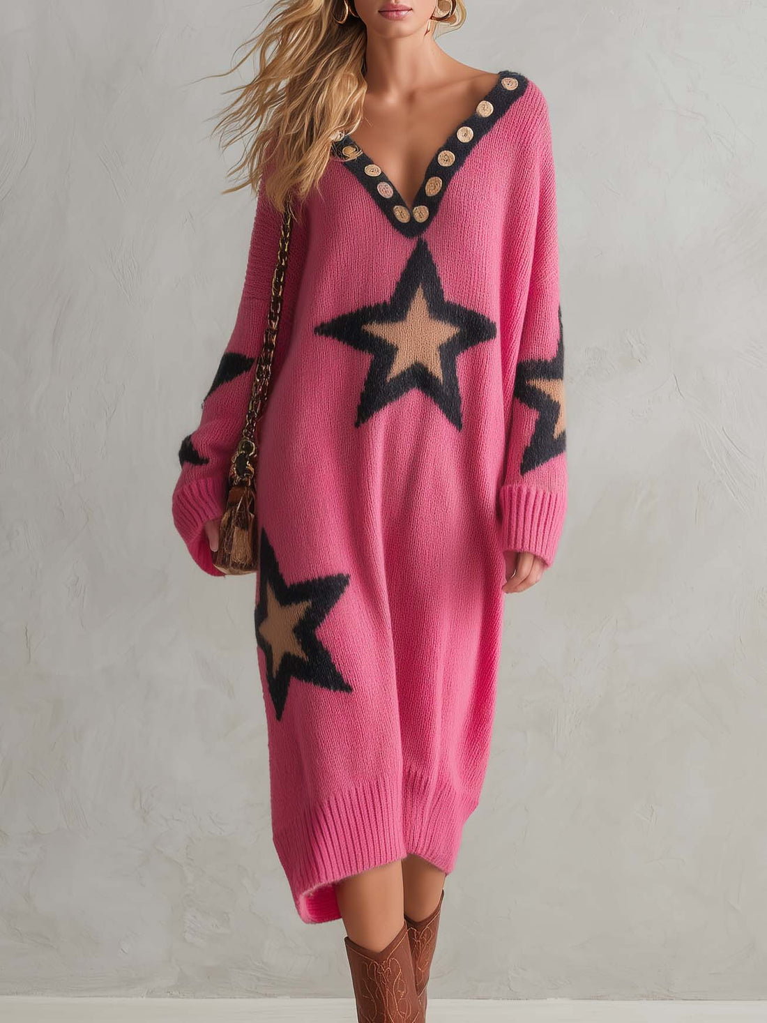 Lazy Western Pink Star Oversized V-Neck Button Trim Long Sleeve Knit Midi Sweater Dress