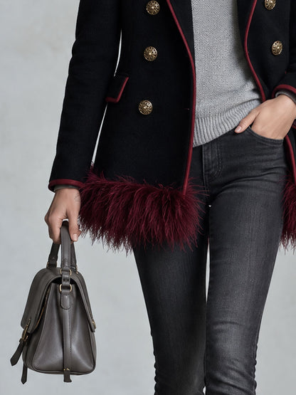 Fashionable Retro Burgundy Faux Feather Hem Black Wool Blend Coat