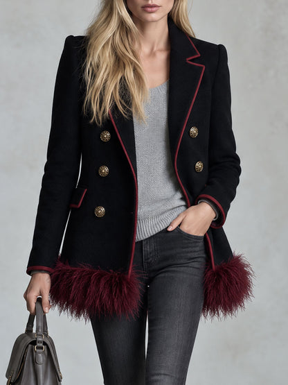 Fashionable Retro Burgundy Faux Feather Hem Black Wool Blend Coat
