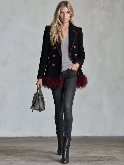 Fashionable Retro Burgundy Faux Feather Hem Black Wool Blend Coat