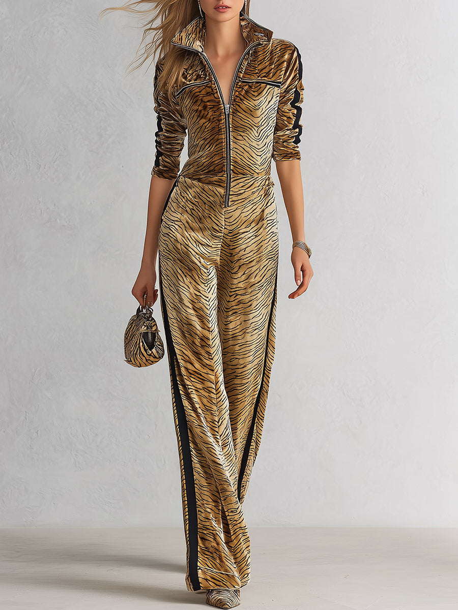 Chic Retro Tiger-Print Velvet Long-Sleeve Zip-Front Jumpsuit