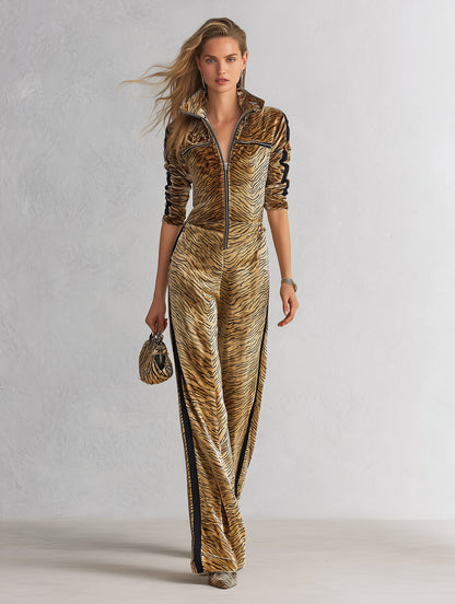 Chic Retro Tiger-Print Velvet Long-Sleeve Zip-Front Jumpsuit