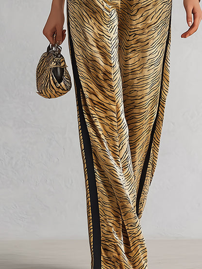 Chic Retro Tiger-Print Velvet Long-Sleeve Zip-Front Jumpsuit