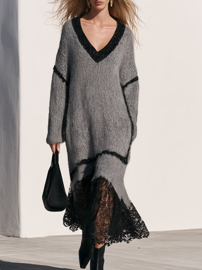 Loose-fitting V-neck Shimmering Lace Grey Mohair Knit Midi Dress