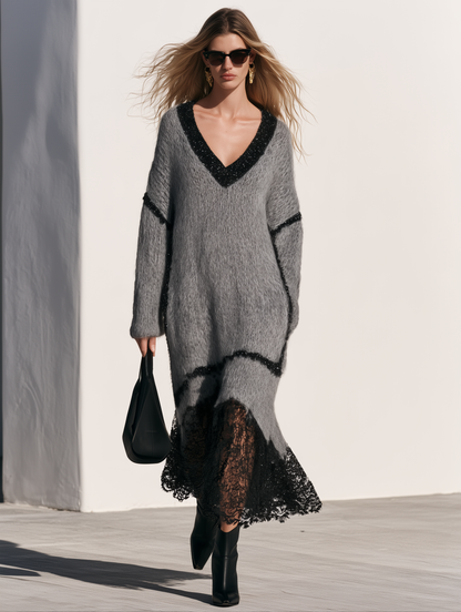 Loose-fitting V-neck Shimmering Lace Grey Mohair Knit Midi Dress