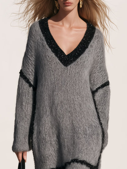 Loose-fitting V-neck Shimmering Lace Grey Mohair Knit Midi Dress