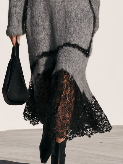 Loose-fitting V-neck Shimmering Lace Grey Mohair Knit Midi Dress