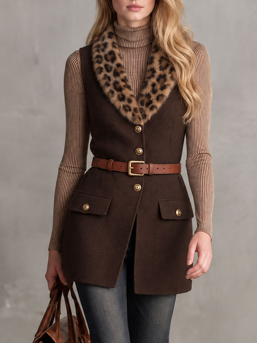 Stylish Retro Belted Leopard Print Faux Fur Collar Brown Wool Blend Vest
