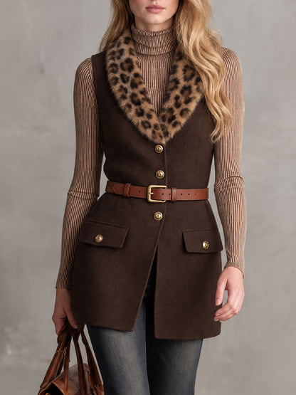 Stylish Retro Belted Leopard Print Faux Fur Collar Brown Wool Blend Vest