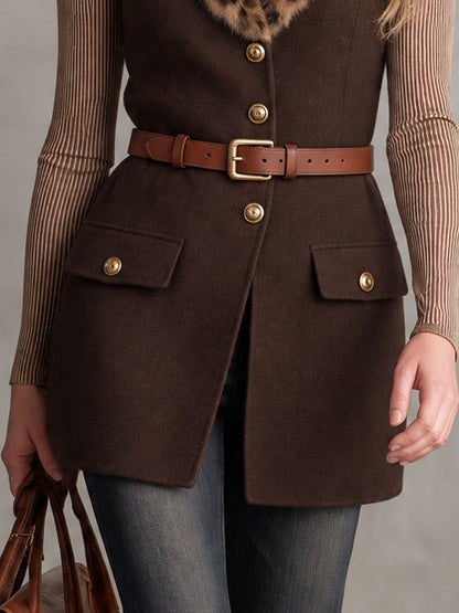 Stylish Retro Belted Leopard Print Faux Fur Collar Brown Wool Blend Vest