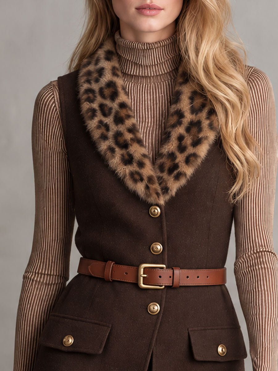 Stylish Retro Belted Leopard Print Faux Fur Collar Brown Wool Blend Vest