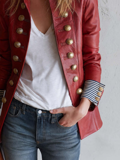 Vintage Military Red Faux Leather Gold Button Stand Collar Striped Cuff Jacket