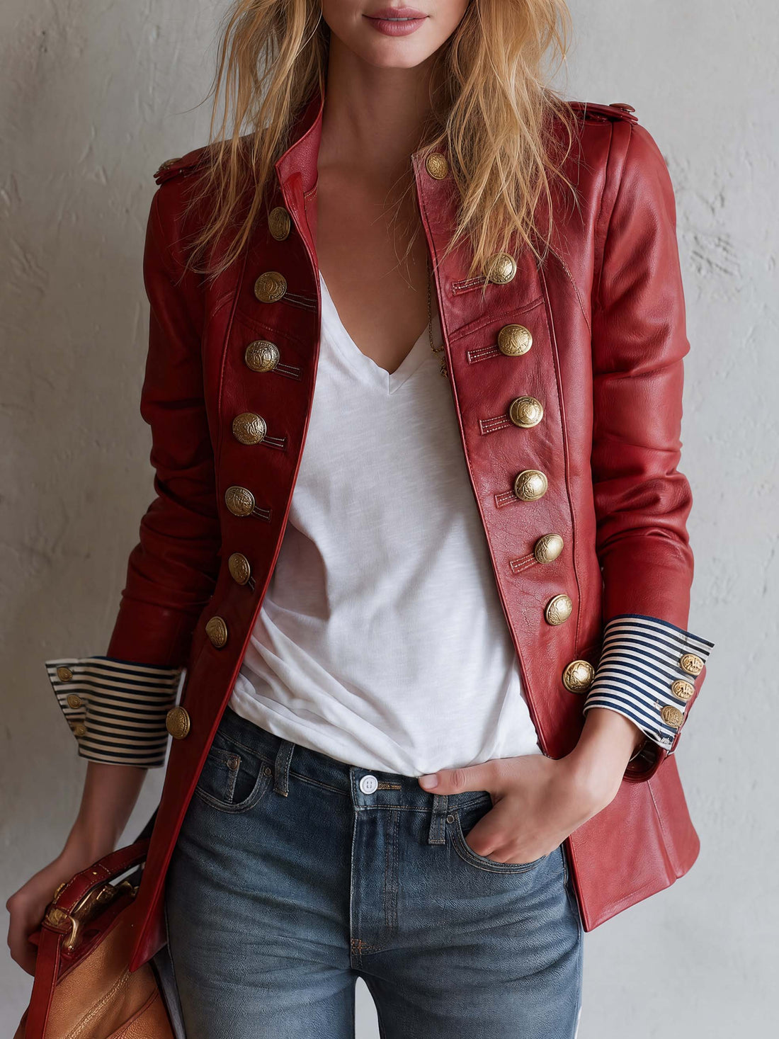 Vintage Military Red Faux Leather Gold Button Stand Collar Striped Cuff Jacket