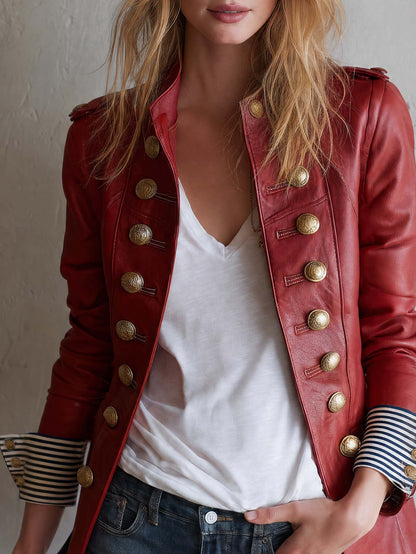 Vintage Military Red Faux Leather Gold Button Stand Collar Striped Cuff Jacket