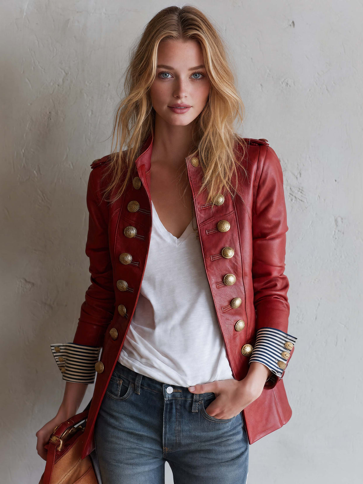 Vintage Military Red Faux Leather Gold Button Stand Collar Striped Cuff Jacket