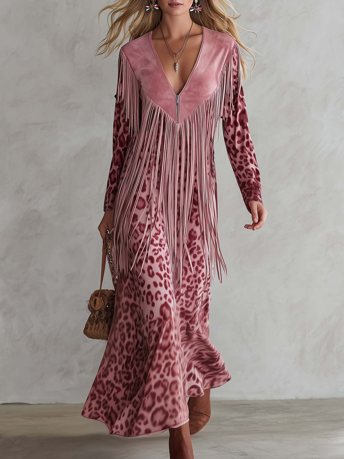 Urban West Boho Pink Leopard Print Faux Suede Fringe V-Neck Long Sleeve Maxi Dress