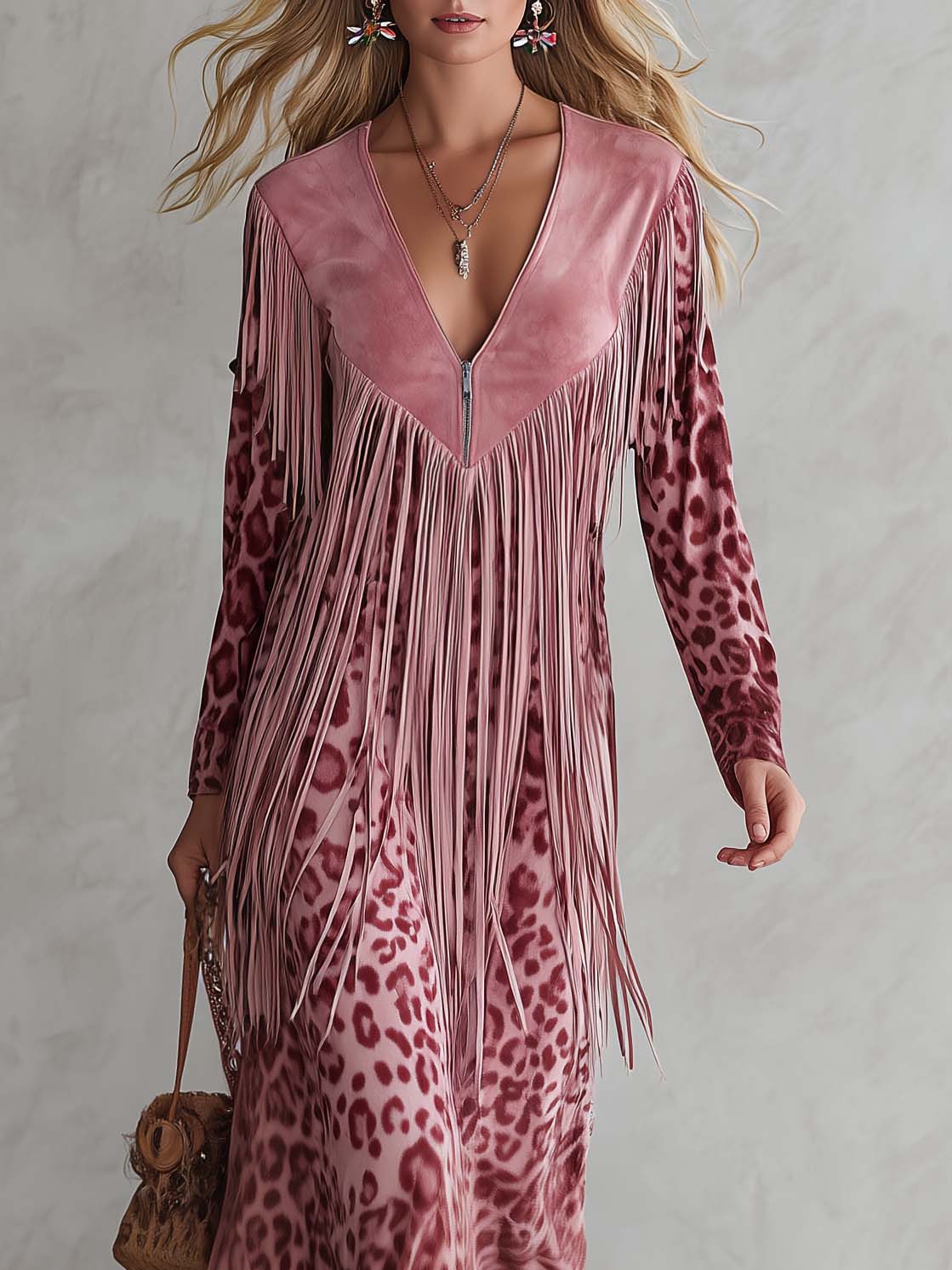 Urban West Boho Pink Leopard Print Faux Suede Fringe V-Neck Long Sleeve Maxi Dress