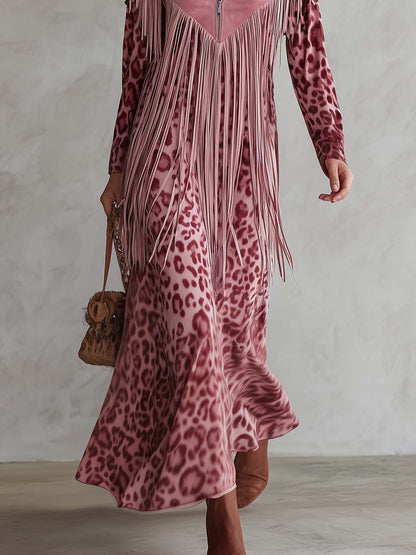 Urban West Boho Pink Leopard Print Faux Suede Fringe V-Neck Long Sleeve Maxi Dress