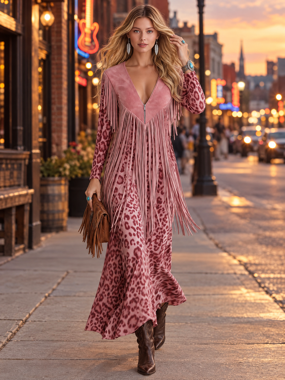 Urban West Boho Pink Leopard Print Faux Suede Fringe V-Neck Long Sleeve Maxi Dress