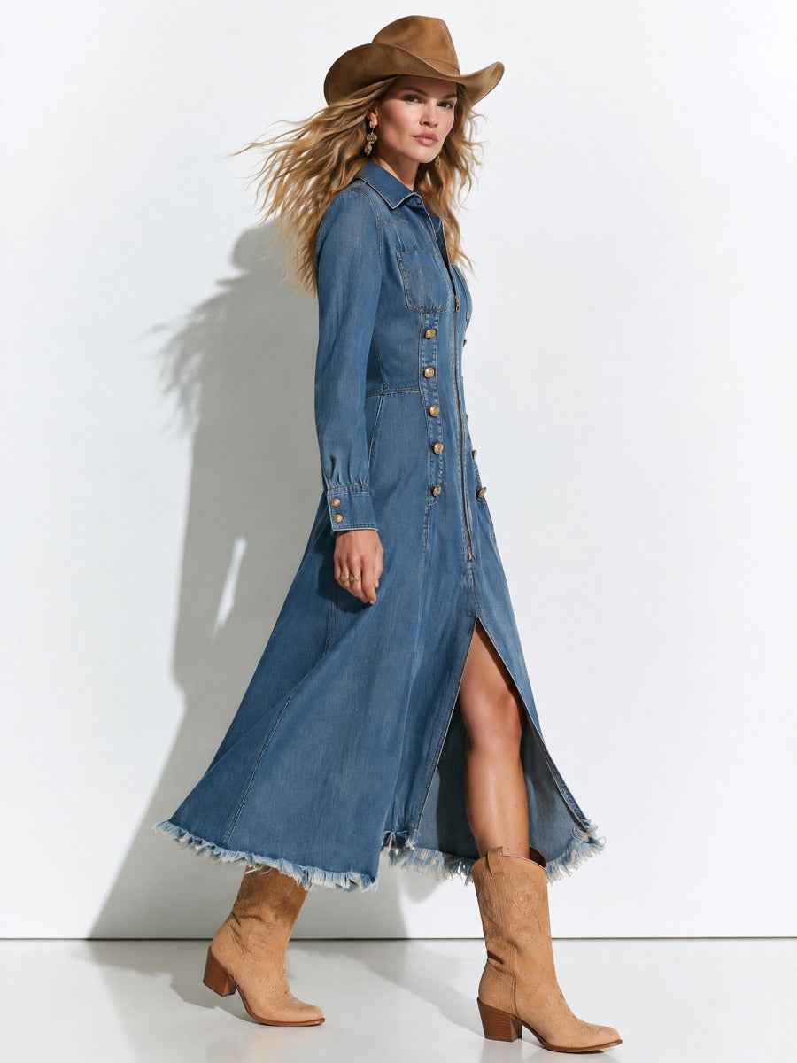 Vintage Button-up Frayed Blue Denim Long-sleeved Midi Dress