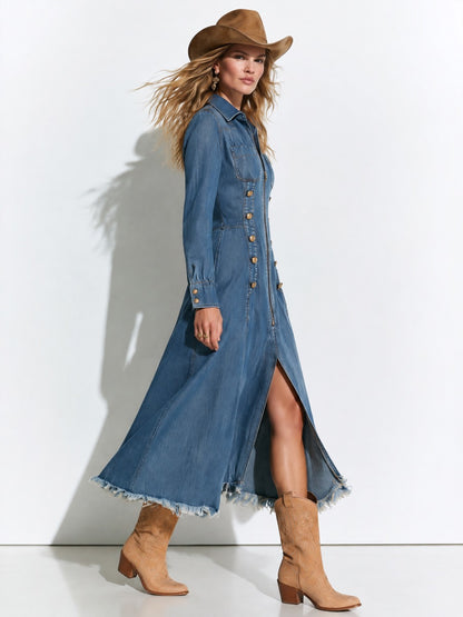 Vintage Button-up Frayed Blue Denim Long-sleeved Midi Dress