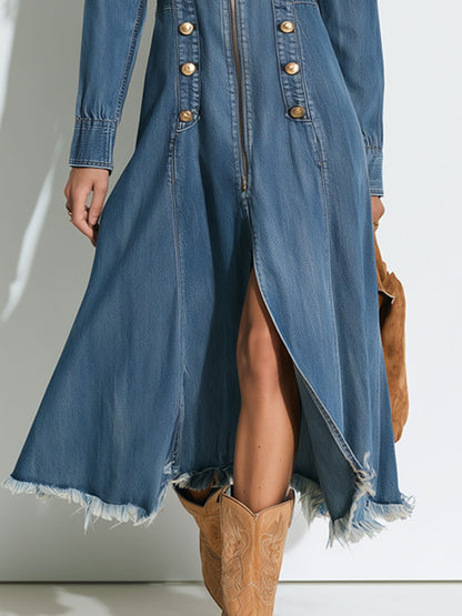 Vintage Button-up Frayed Blue Denim Long-sleeved Midi Dress