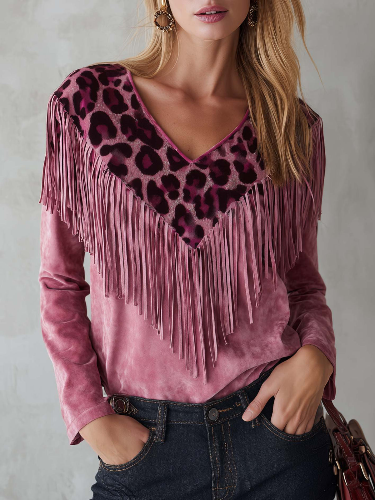 Urban West Leopard Print Fringe Faux Suede V-Neck Long Sleeve Pink Blouse