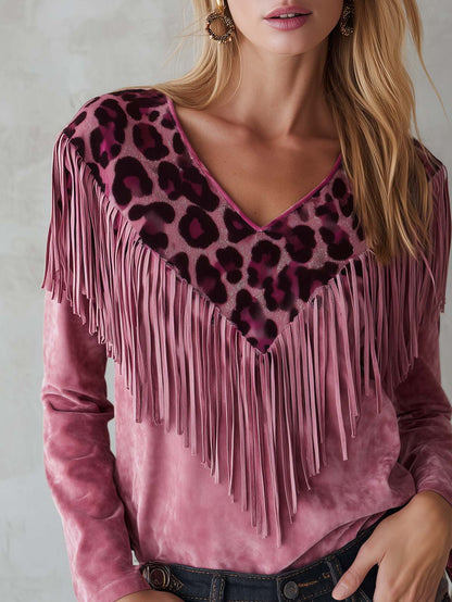Urban West Leopard Print Fringe Faux Suede V-Neck Long Sleeve Pink Blouse