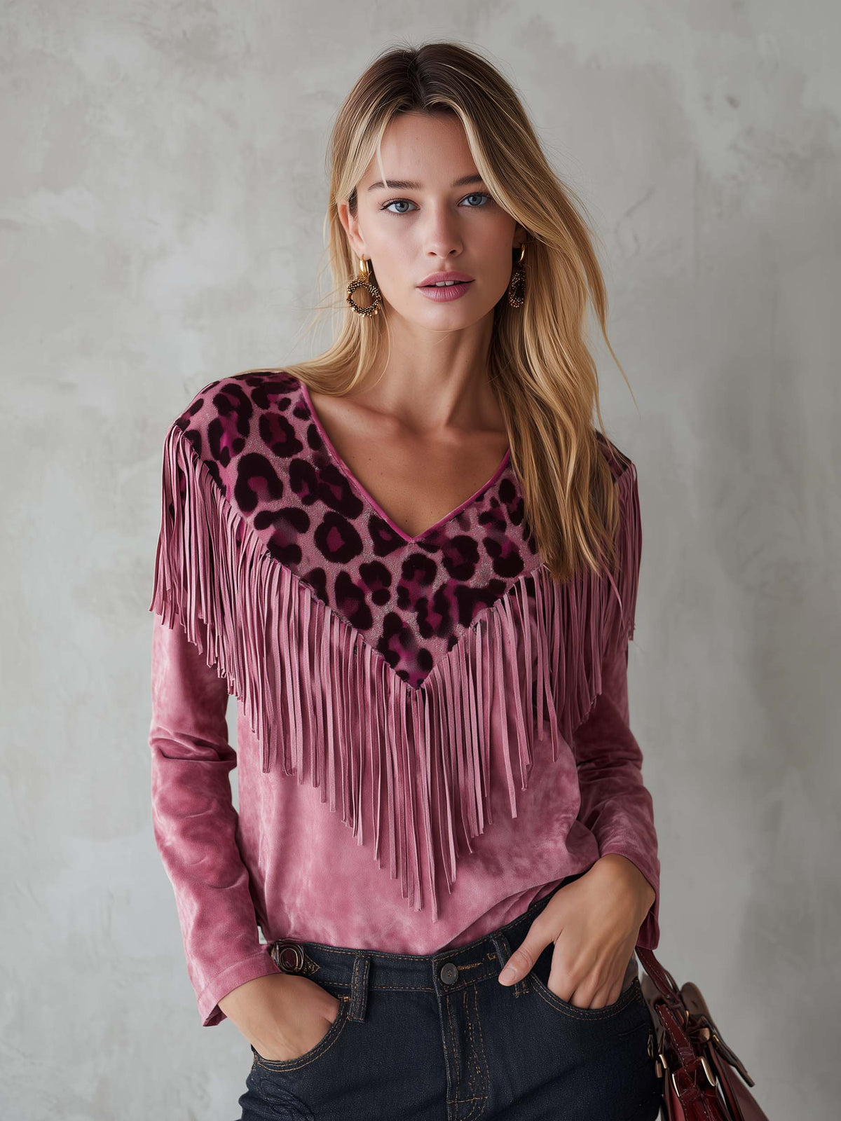 Urban West Leopard Print Fringe Faux Suede V-Neck Long Sleeve Pink Blouse