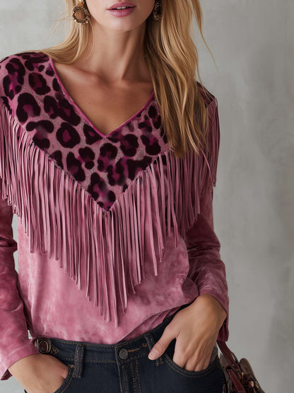 Urban West Leopard Print Fringe Faux Suede V-Neck Long Sleeve Pink Blouse