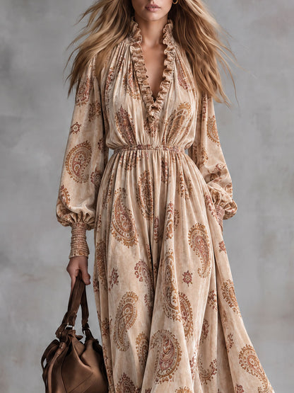 Stylish Retro Brown Ruffled V-Neck Paisley Velvet Print Maxi Dress