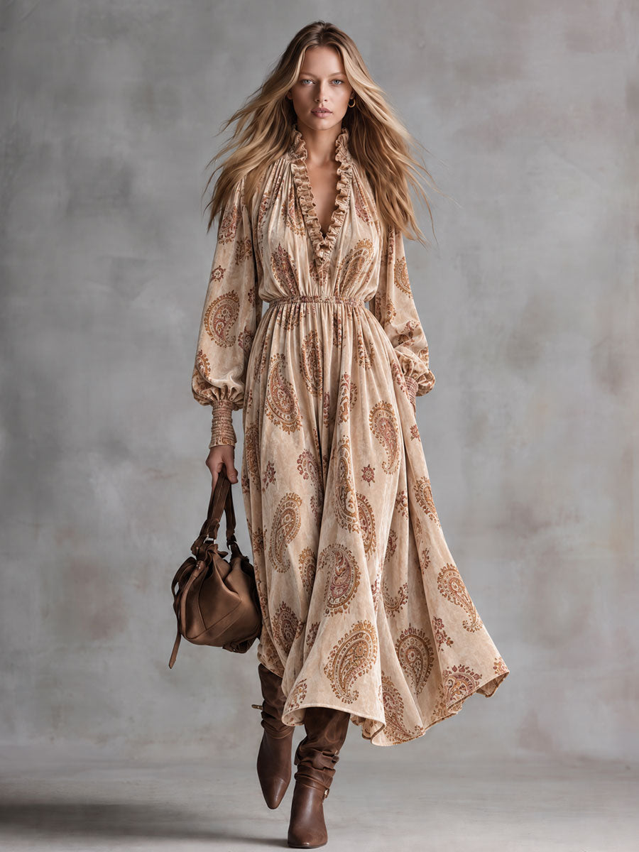 Stylish Retro Brown Ruffled V-Neck Paisley Velvet Print Maxi Dress