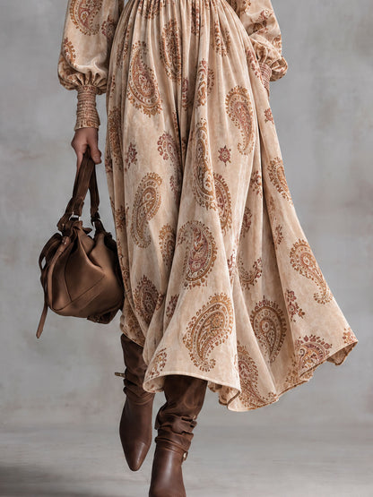 Stylish Retro Brown Ruffled V-Neck Paisley Velvet Print Maxi Dress