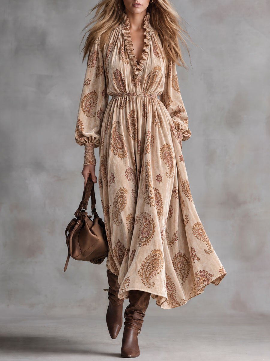 Stylish Retro Brown Ruffled V-Neck Paisley Velvet Print Maxi Dress