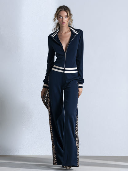 Chic &amp; Casual Striped &amp; Leopard-Print Trim Navy Cotton Jumpsuit
