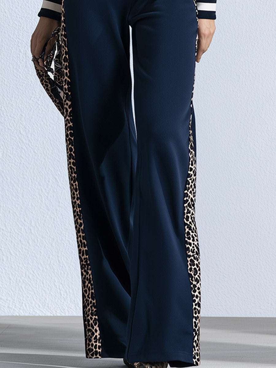Chic &amp; Casual Striped &amp; Leopard-Print Trim Navy Cotton Jumpsuit