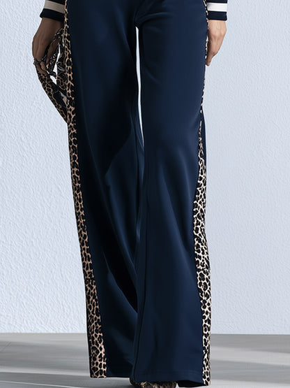 Chic &amp; Casual Striped &amp; Leopard-Print Trim Navy Cotton Jumpsuit