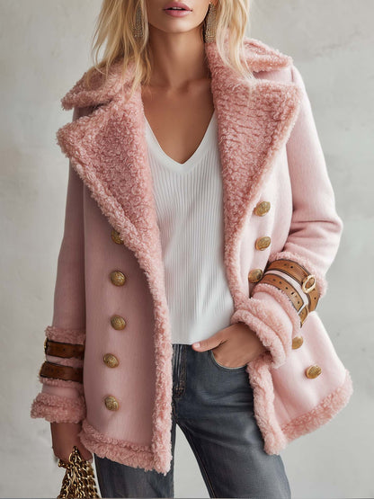 Vintage Blush Pink Faux Shearling Double-Breasted Gold Button Buckle Cuff Peacoat