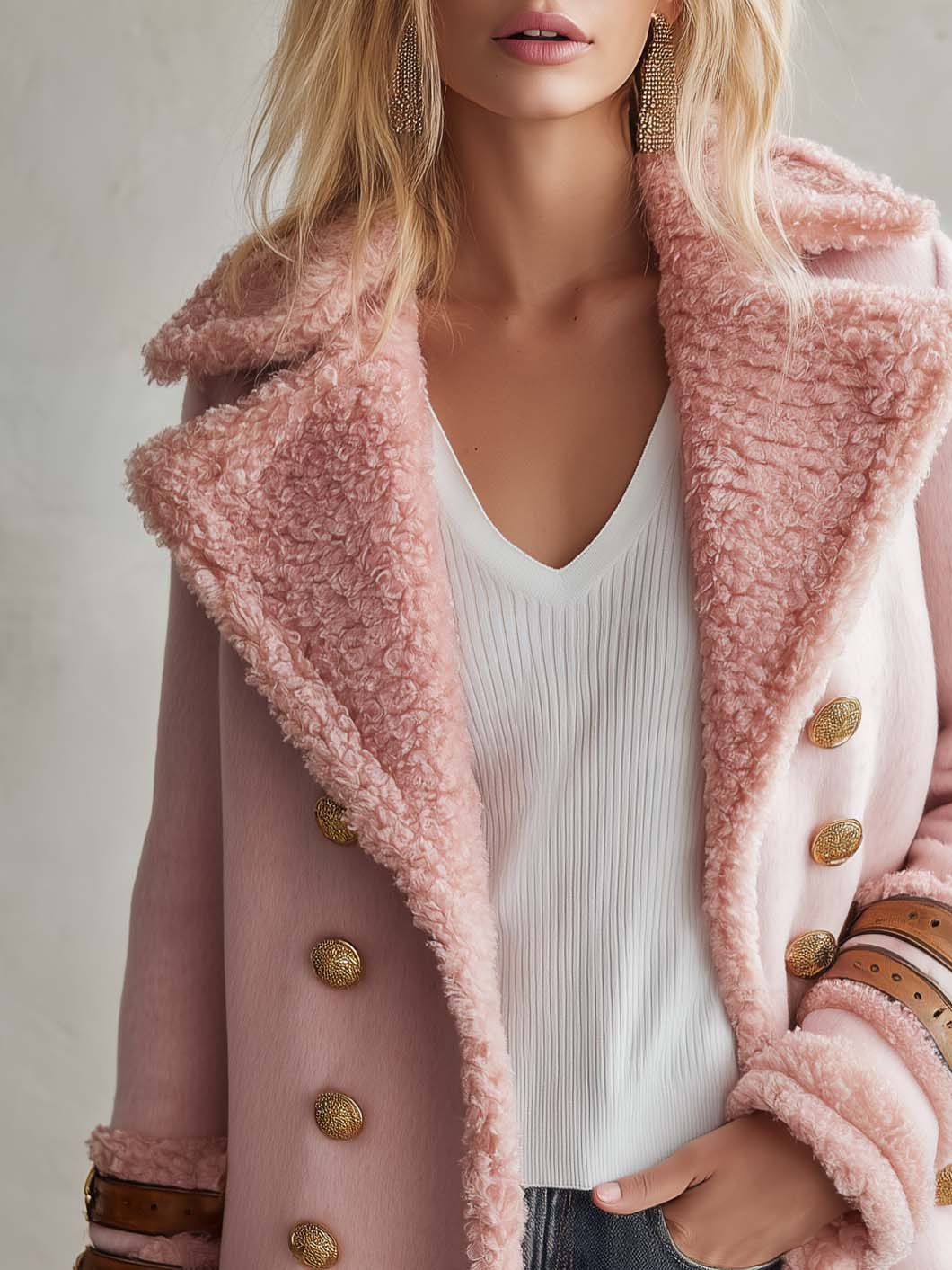 Vintage Blush Pink Faux Shearling Double-Breasted Gold Button Buckle Cuff Peacoat