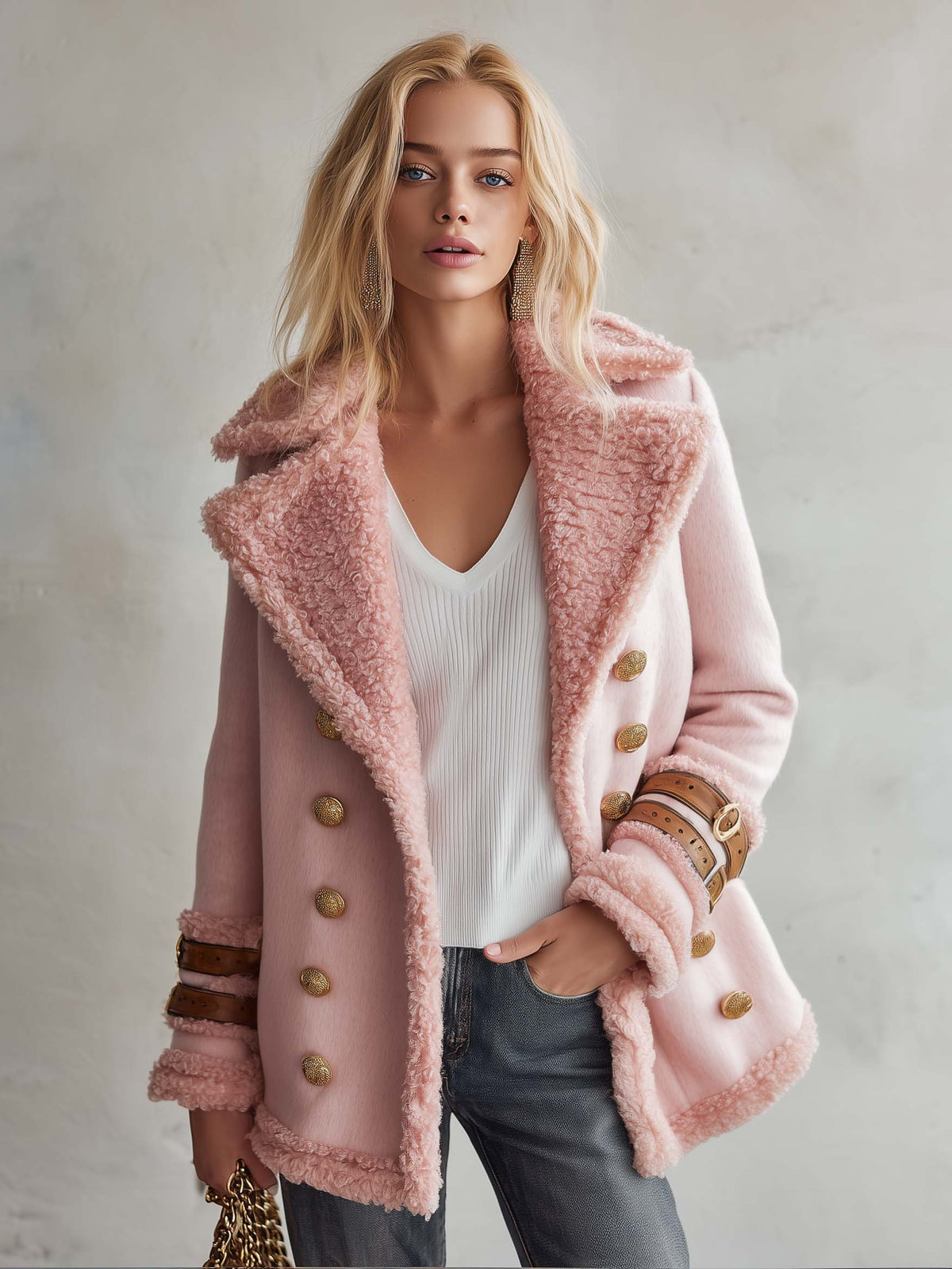 Vintage Blush Pink Faux Shearling Double-Breasted Gold Button Buckle Cuff Peacoat
