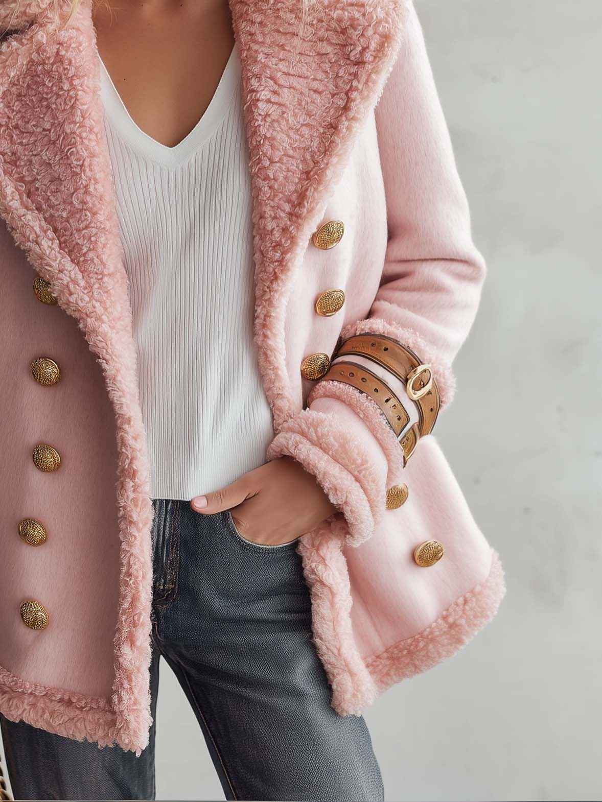Vintage Blush Pink Faux Shearling Double-Breasted Gold Button Buckle Cuff Peacoat