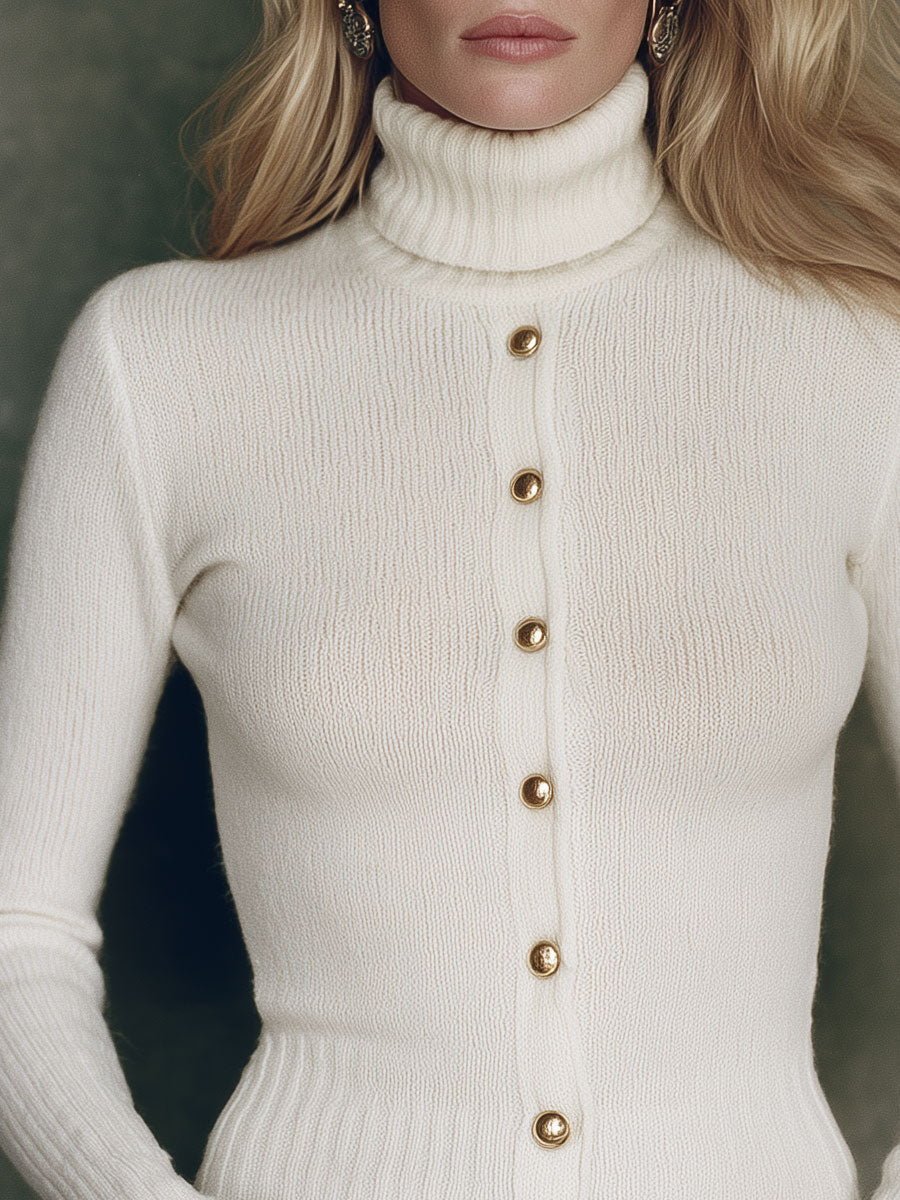 Gold Button High-neck Striped White Slim-fit Long-sleeved Sweater