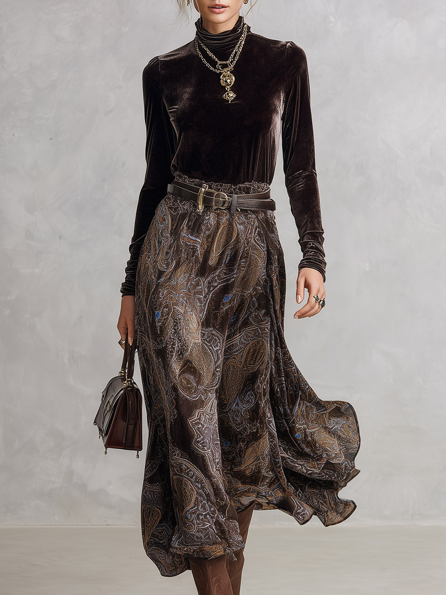 Vintage-style Dark Drown Long-sleeve T-shirt and Paisley Print Velvet Skirt Set