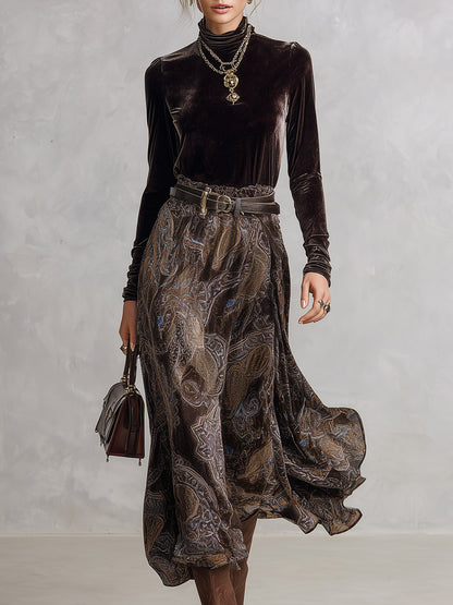 Vintage-style Dark Drown Long-sleeve T-shirt and Paisley Print Velvet Skirt Set