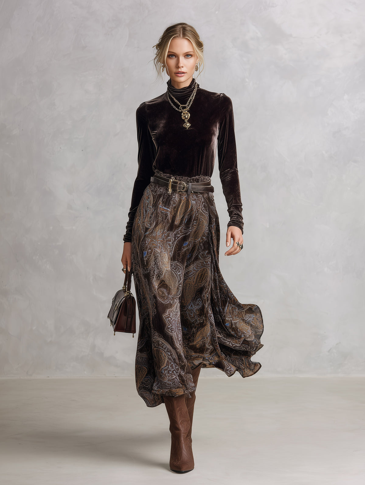 Vintage-style Dark Drown Long-sleeve T-shirt and Paisley Print Velvet Skirt Set