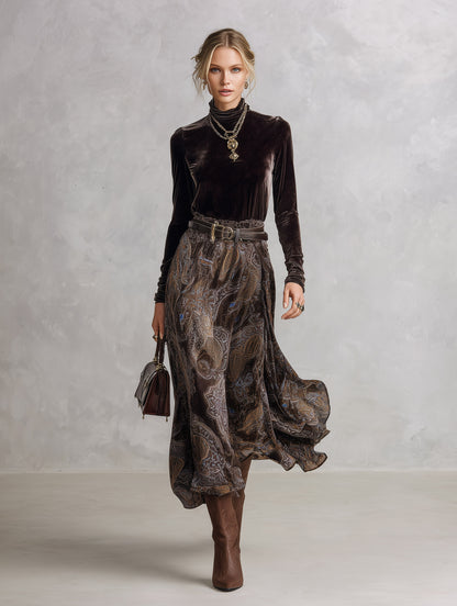 Vintage-style Dark Drown Long-sleeve T-shirt and Paisley Print Velvet Skirt Set