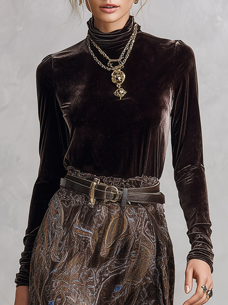 Vintage-style Dark Drown Long-sleeve T-shirt and Paisley Print Velvet Skirt Set